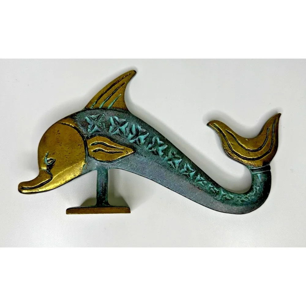 Brass Dolphin Figure Table Top Polished Patina textured Solid Marine Beach Coast